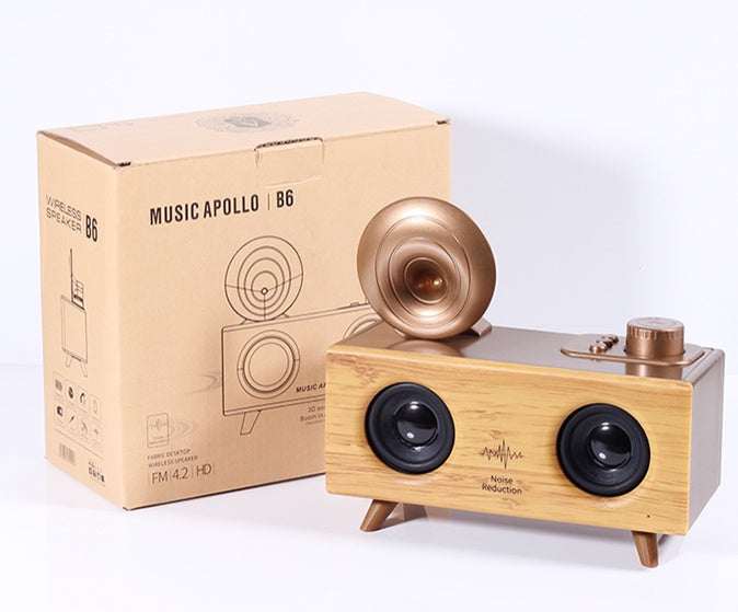 Mid-Century Modern Wood-Grain Bluetooth Speaker with FM Radio
