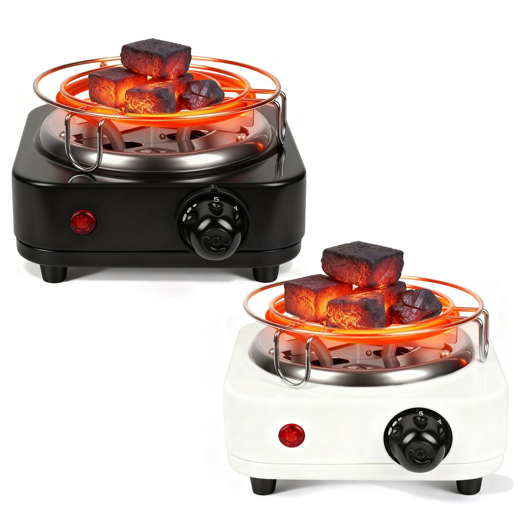 Two portable electric grills with glowing charcoal on a white background
