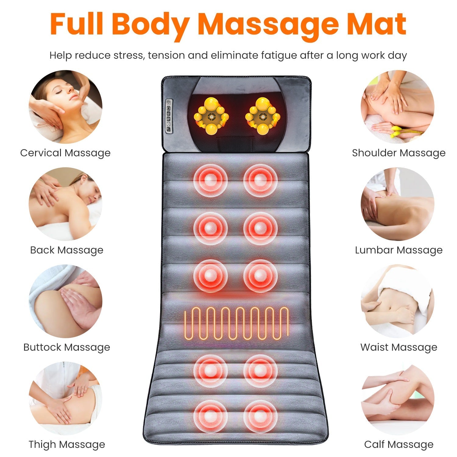 Full Body Electric Massage Mat Heat Chair Pad Neck Pillow 10 Vibrations