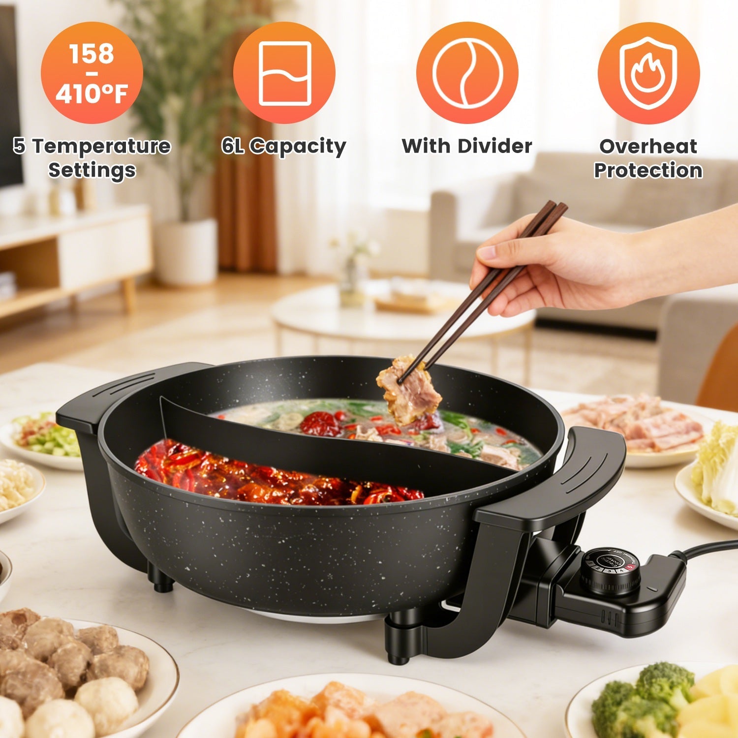 Electric Hot Pot with Divider 1100W 5-Temp Control