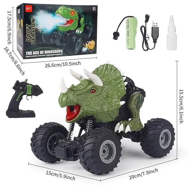 The Age of Dinosaurs toy dinosaur vehicle with remote control, packaging, and accessories.