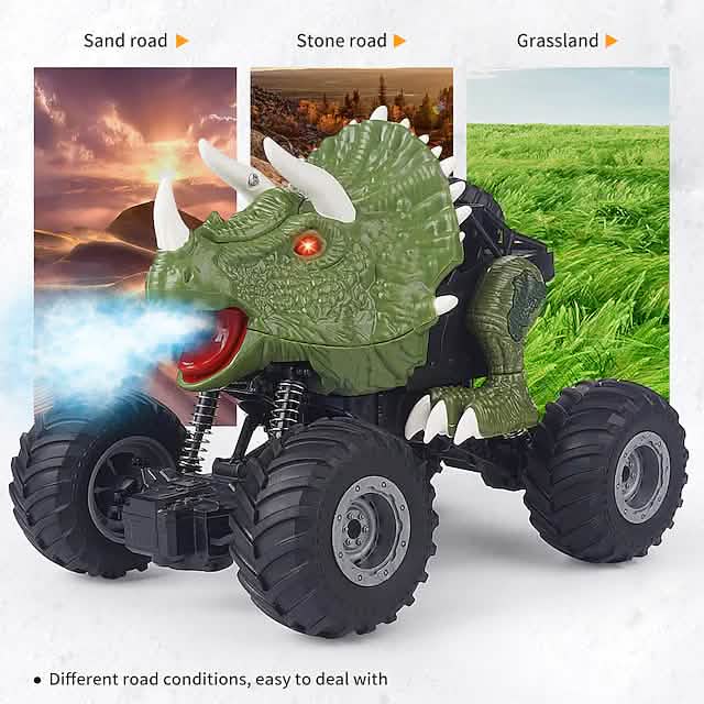 Remote control toy dinosaur with large wheels can easily deal with sand, stone and grasslands.
