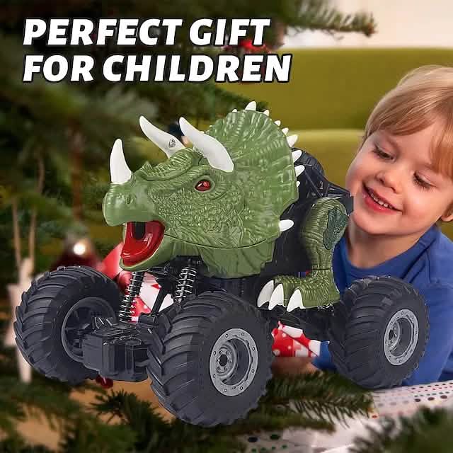 Toy dinosaur with monster truck wheels is a perfect gift for children.