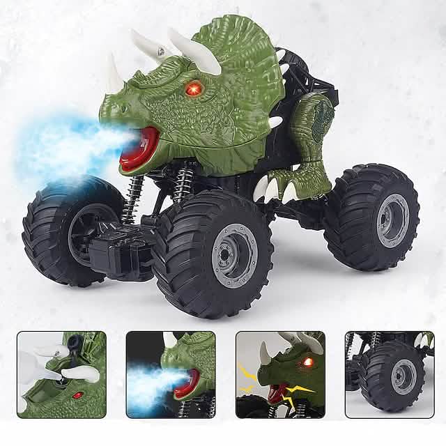 Remote control toy dinosaur vehicle with large wheels and flame effect on a white background