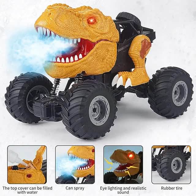 Toy dinosaur with monster truck wheels  can spray water.