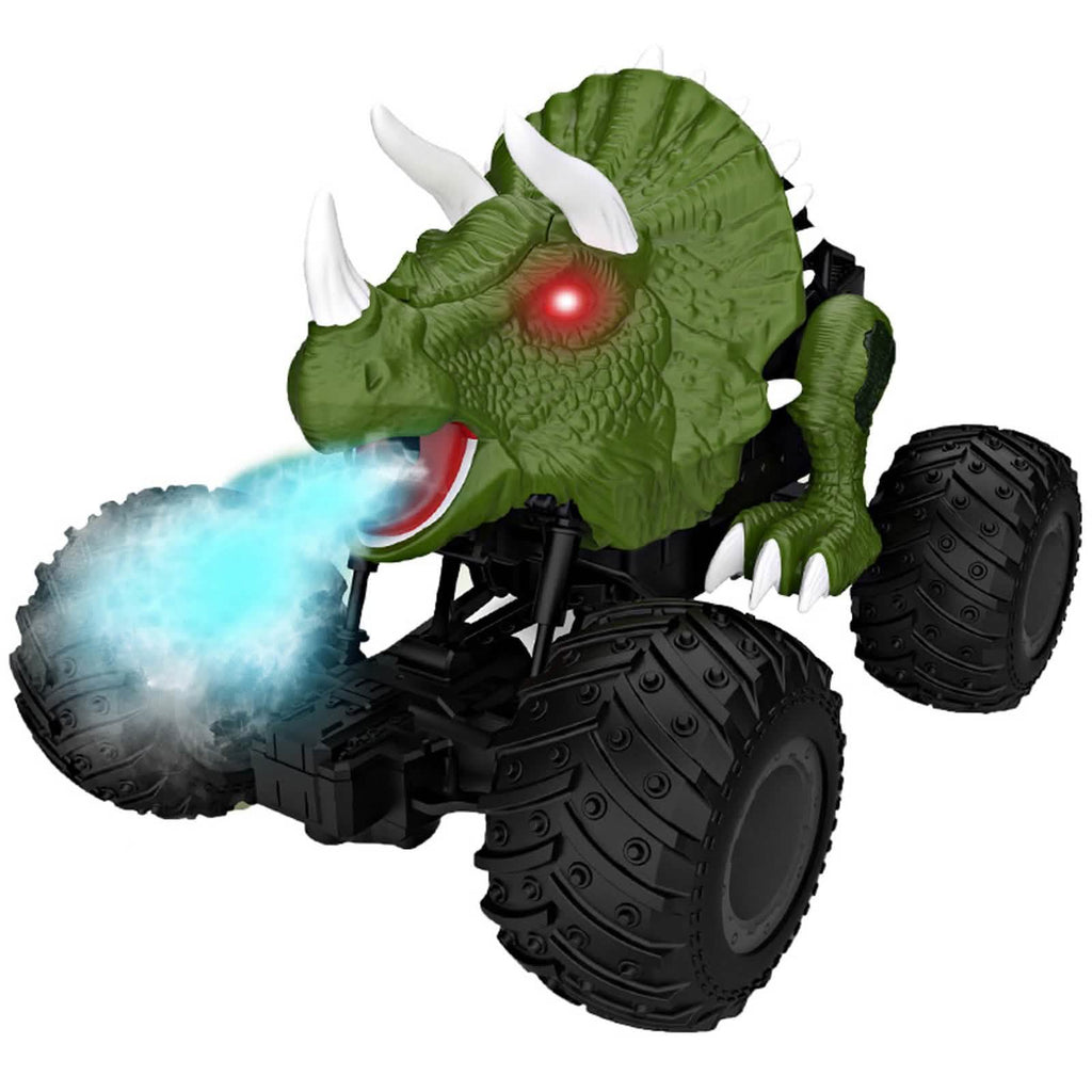 Toy dinosaur with monster truck wheels and fire effect on a white background