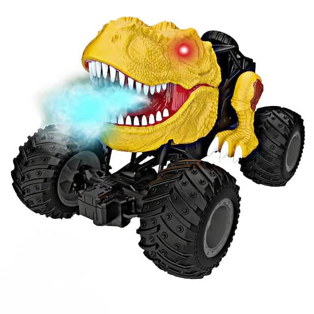 Toy dinosaur with monster truck wheels on a white background