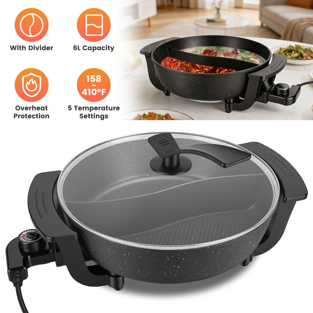 Electric Hot Pot with Divider 1100W 5-Temp Control