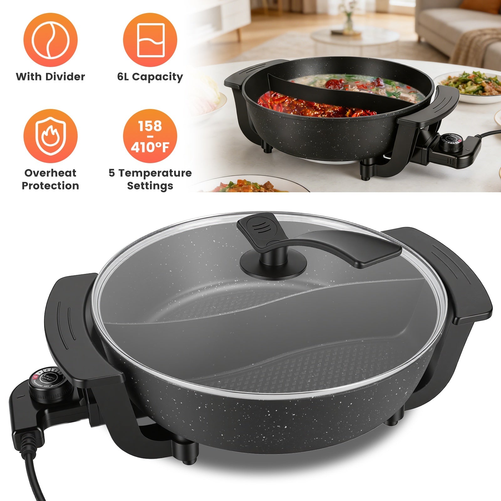 Electric Hot Pot with Divider 1100W 5-Temp Control