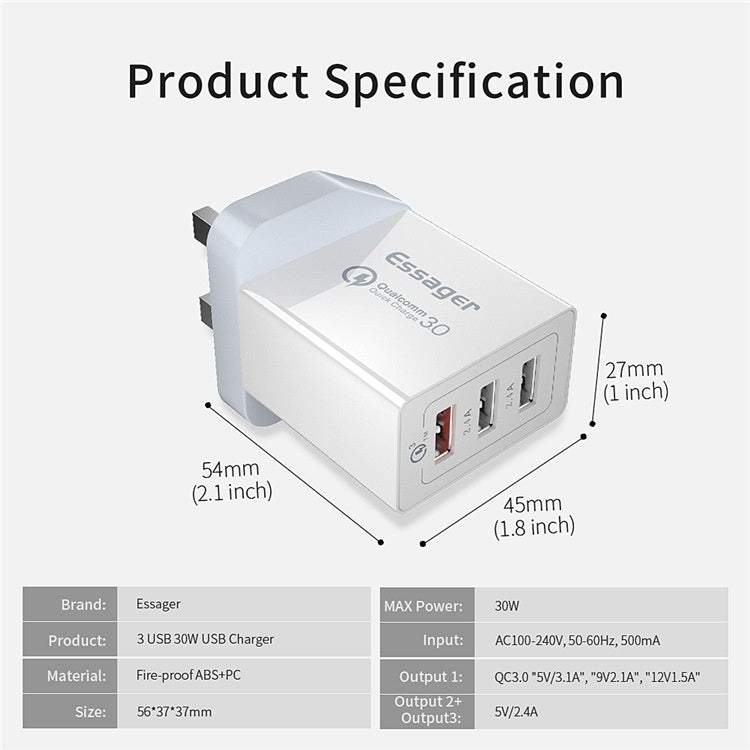Essager 30W USB charger with dimensions and specifications on a white background