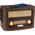 Vintage-style radio with wireless charging pad on top
