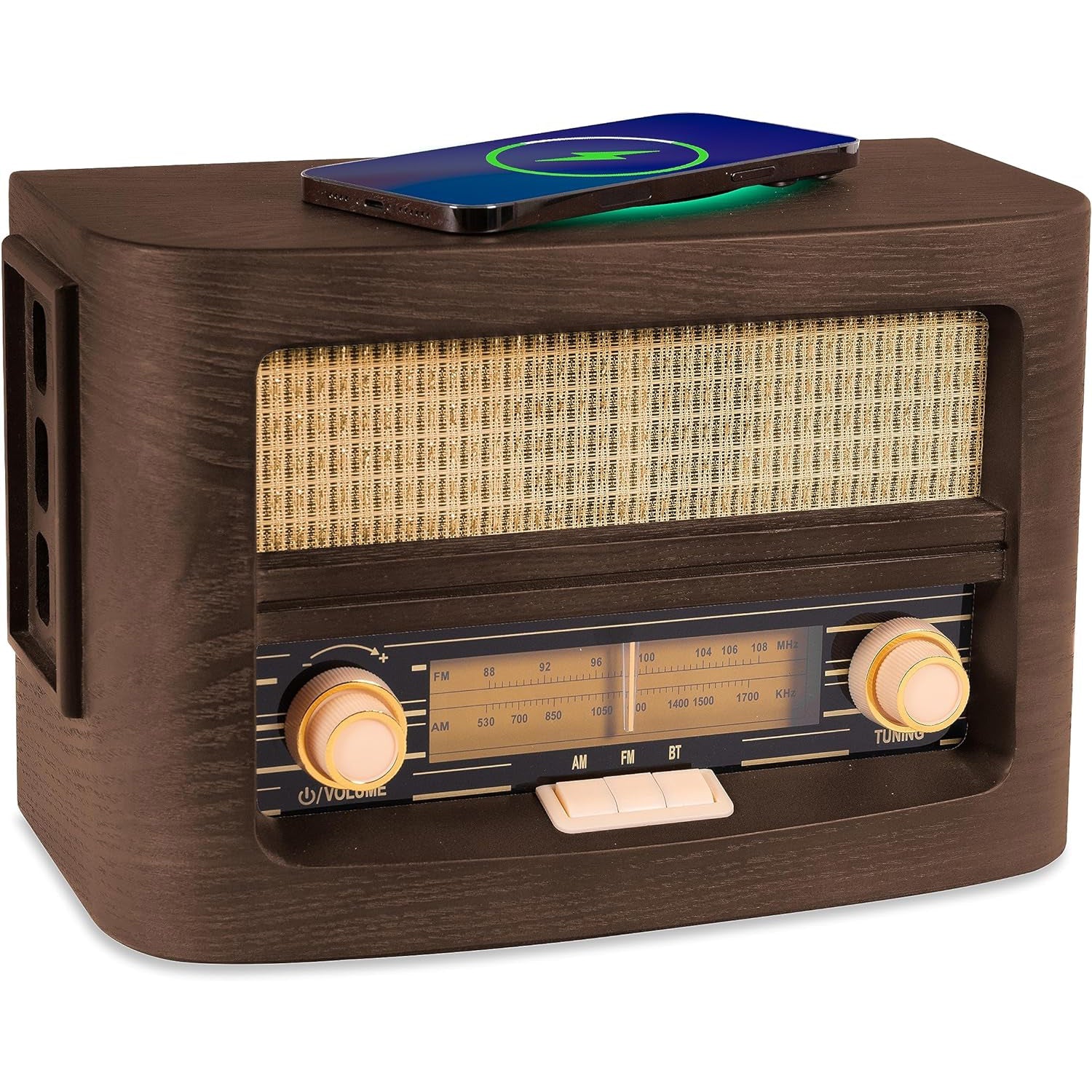 Vintage-style radio with wireless charging pad on top