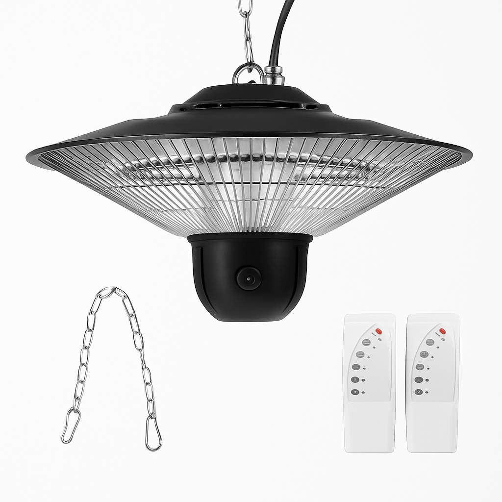 1500W Outdoor Patio Heater Electric Hanging Heated Ceiling Mounted Heating Lamp IP23 Waterproof with 3 Heating Levels 30Mins/60Mins Timer 2 Remote Con