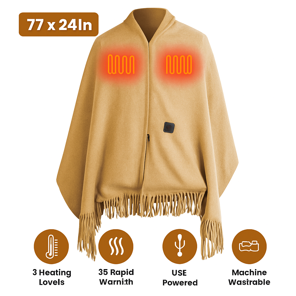 77x24In USB Heated Shawl with Teasel Wearable Heating Blanket Electric Throw Wrap Indoor Outdoor with Zipper 3 Heating Levels Machine Washable for Out