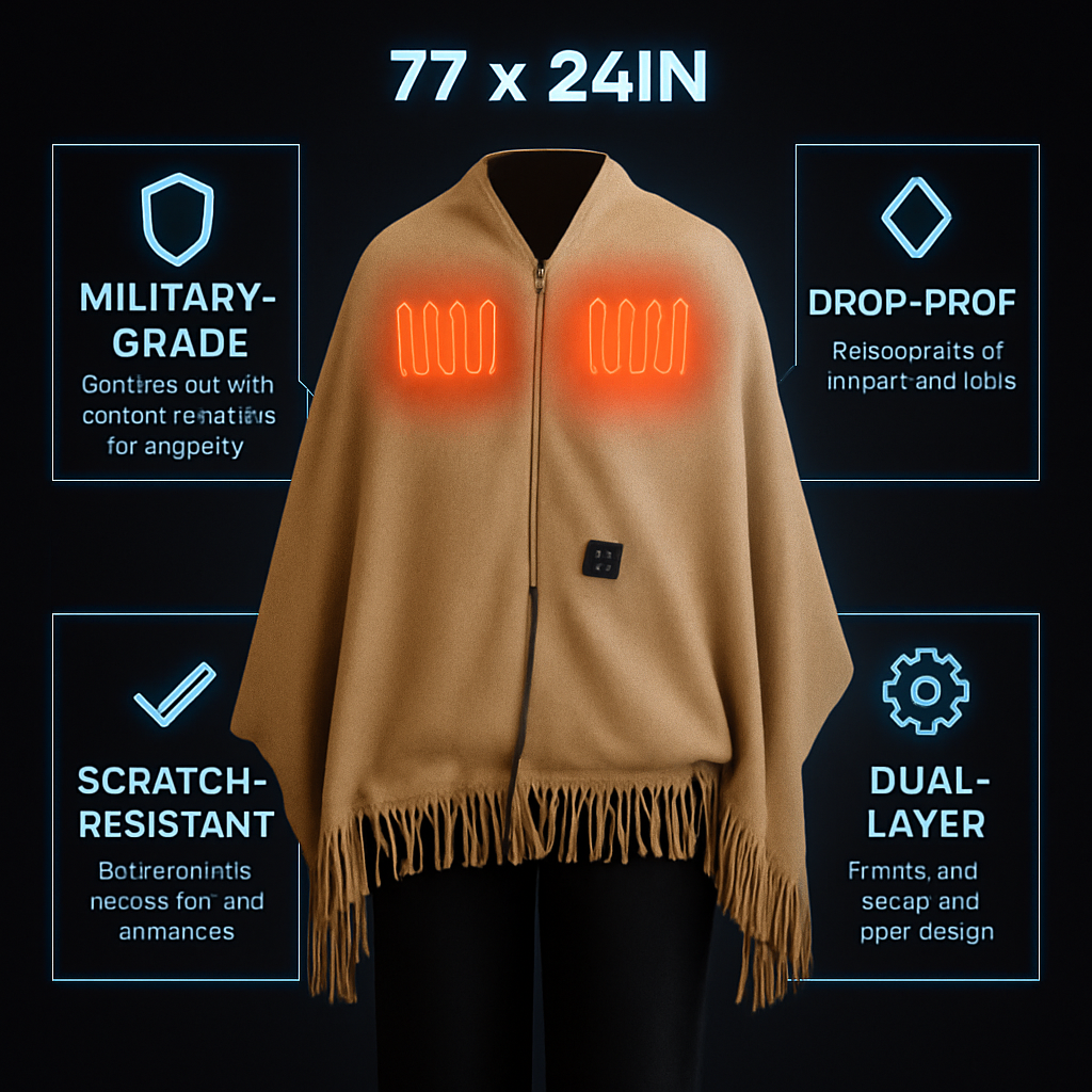 77x24In USB Heated Shawl with Teasel Wearable Heating Blanket Electric Throw Wrap Indoor Outdoor with Zipper 3 Heating Levels Machine Washable for Out