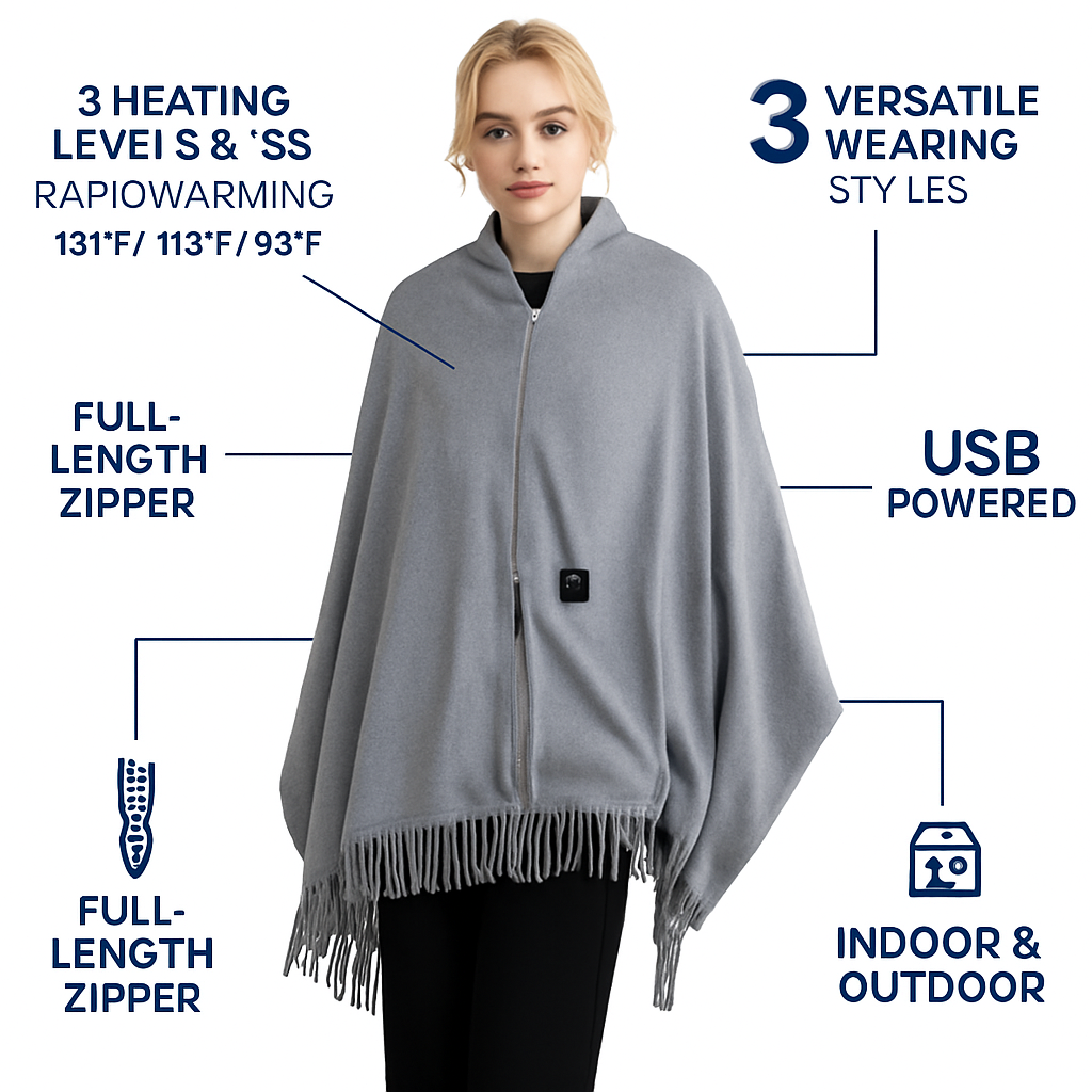 77x24In USB Heated Shawl with Teasel Wearable Heating Blanket Electric Throw Wrap Indoor Outdoor with Zipper 3 Heating Levels Machine Washable for Out