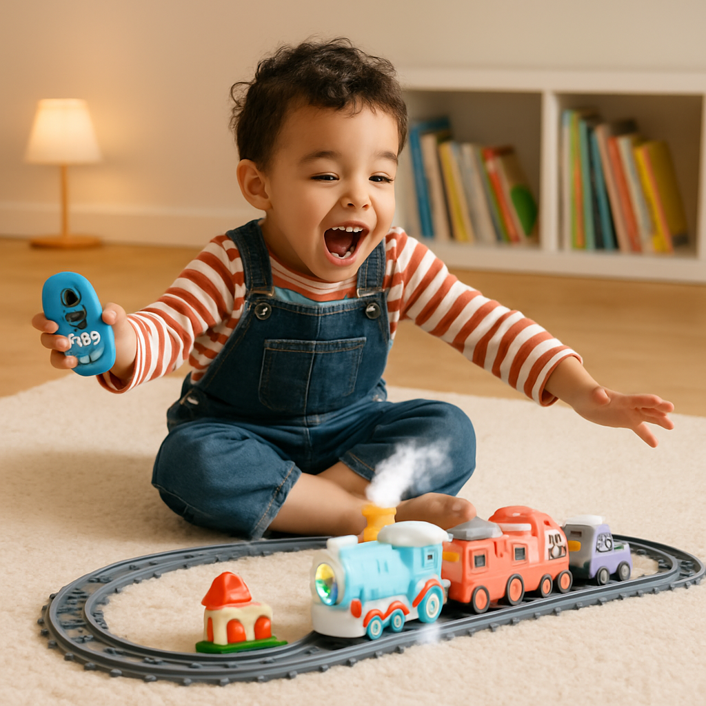 Electric Train Set with Remote, Smoke, Light & Sound, Magnetic Trucks, Ages 3+