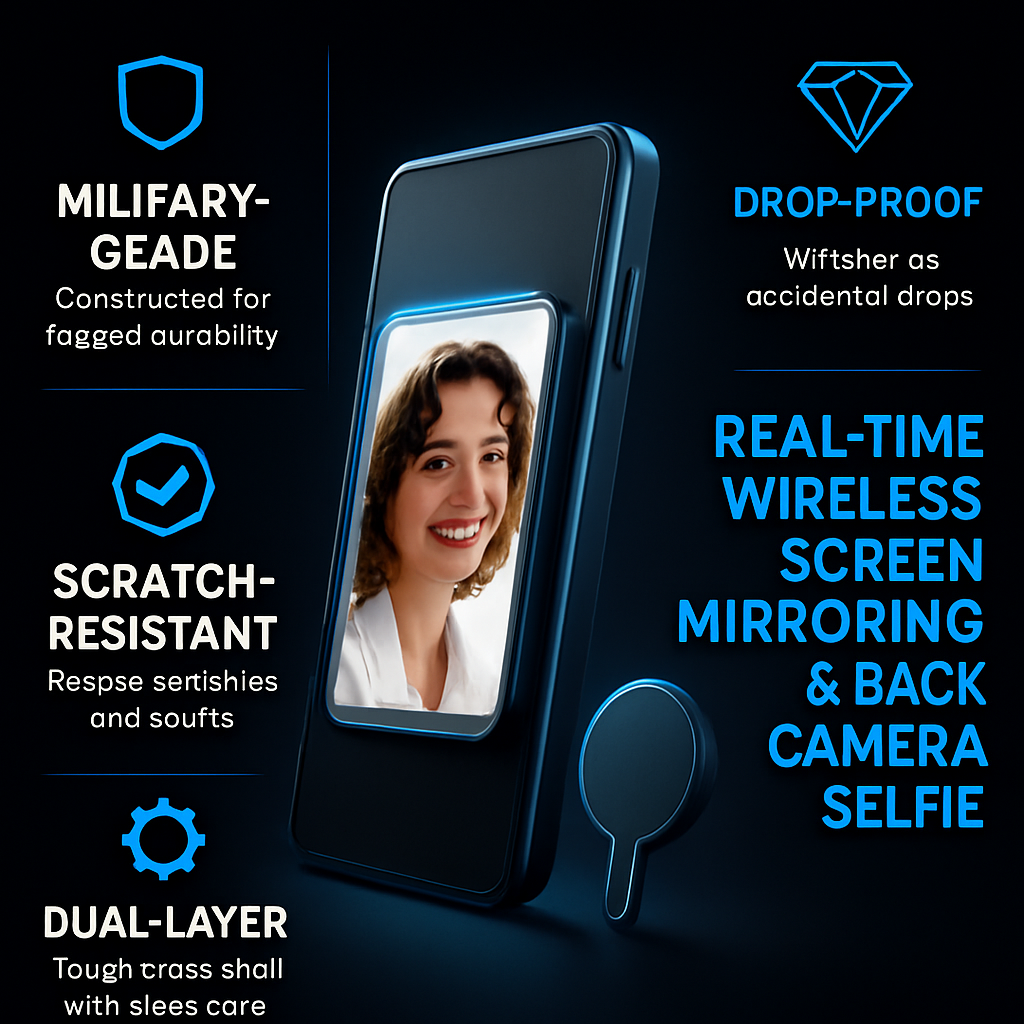 Vlog Selfie Monitor Screen with magnetic rear camera phone monitor, wireless selfie mirror, remote control, and charging cable on a white background.
