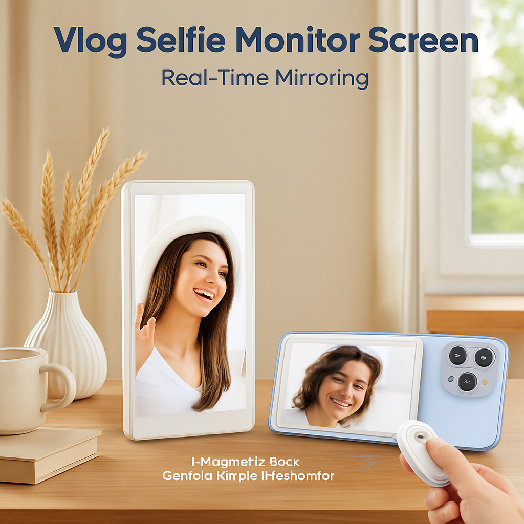 Vlog Selfie Monitor Screen Magnetic Rear Camera Phone Monitor Wireless Selfie Monitor Screen with 33FT Remote for Vlog Live Stream Compatible with IOS