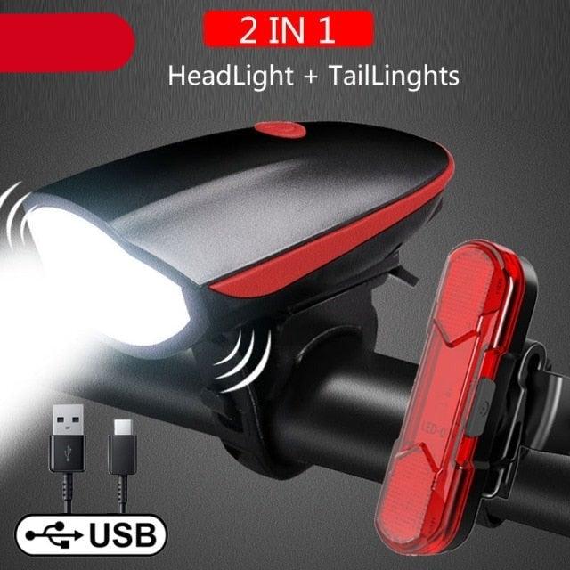Waterproof LED Bicycle Headlight with 130dB Horn & Tail Light