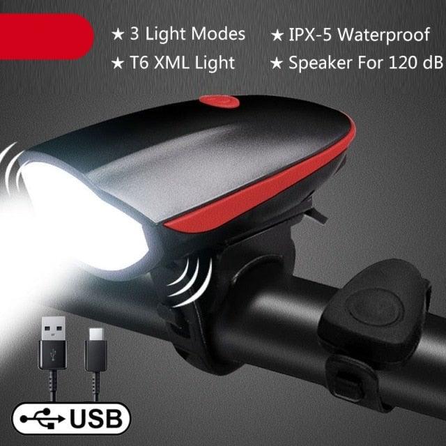 Waterproof LED Bicycle Headlight with 130dB Horn & Tail Light