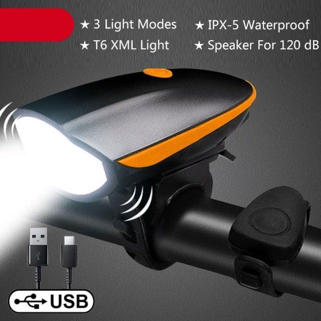 Waterproof LED Bicycle Headlight with 130dB Horn & Tail Light