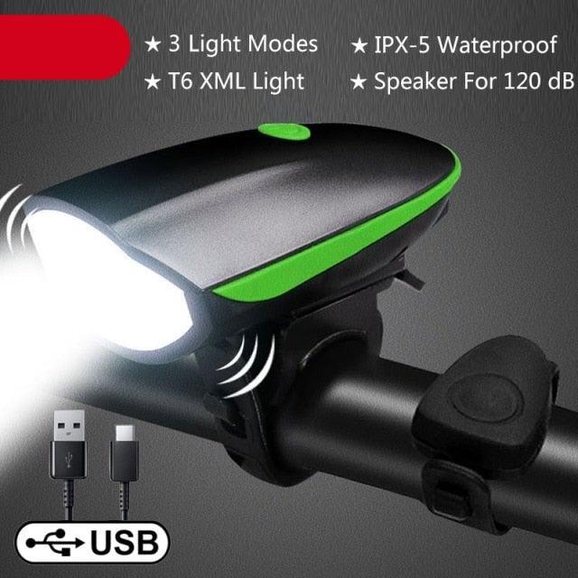 Waterproof LED Bicycle Headlight with 130dB Horn & Tail Light