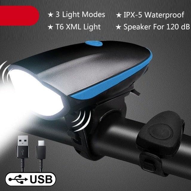 Waterproof LED Bicycle Headlight with 130dB Horn & Tail Light