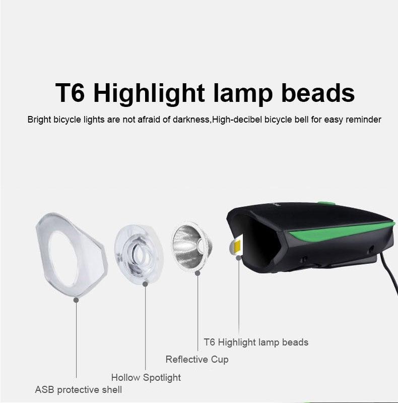 Waterproof LED Bicycle Headlight with 130dB Horn & Tail Light
