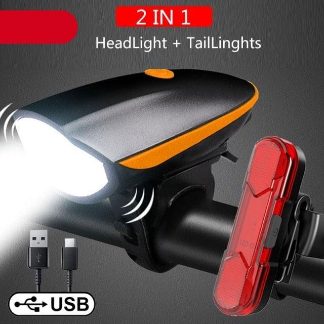 Waterproof LED Bicycle Headlight with 130dB Horn & Tail Light