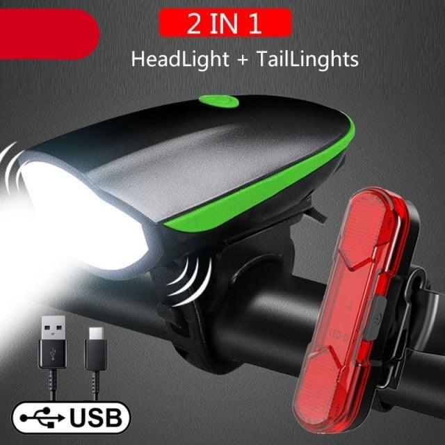 Waterproof LED Bicycle Headlight with 130dB Horn & Tail Light