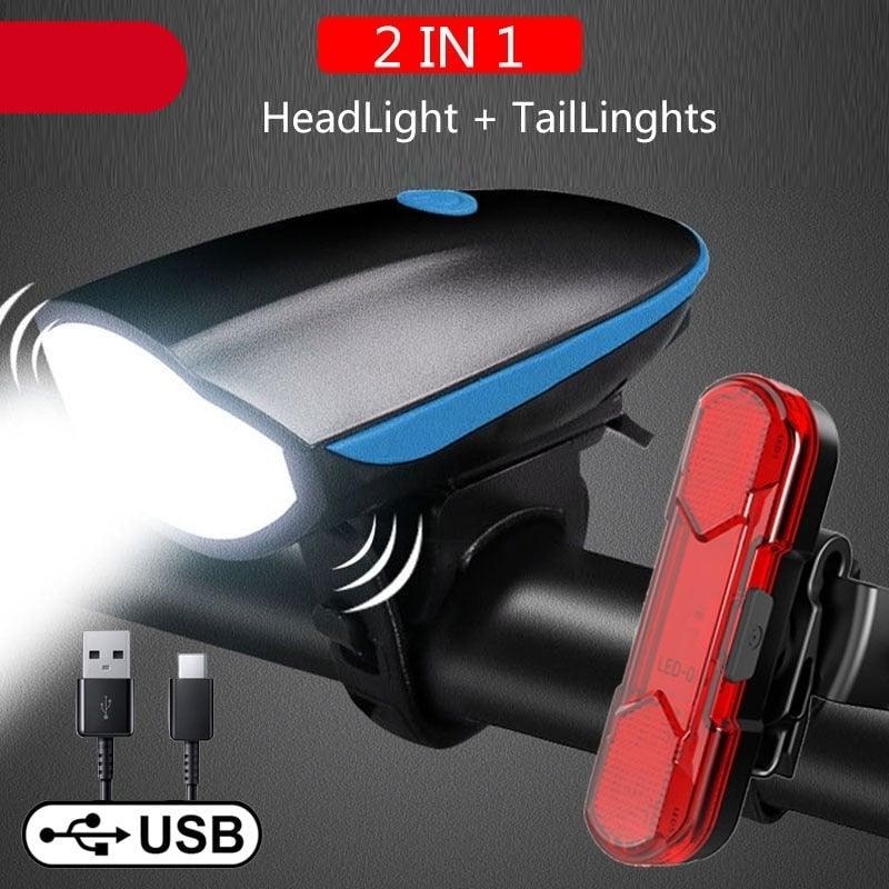 Waterproof LED Bicycle Headlight with 130dB Horn & Tail Light