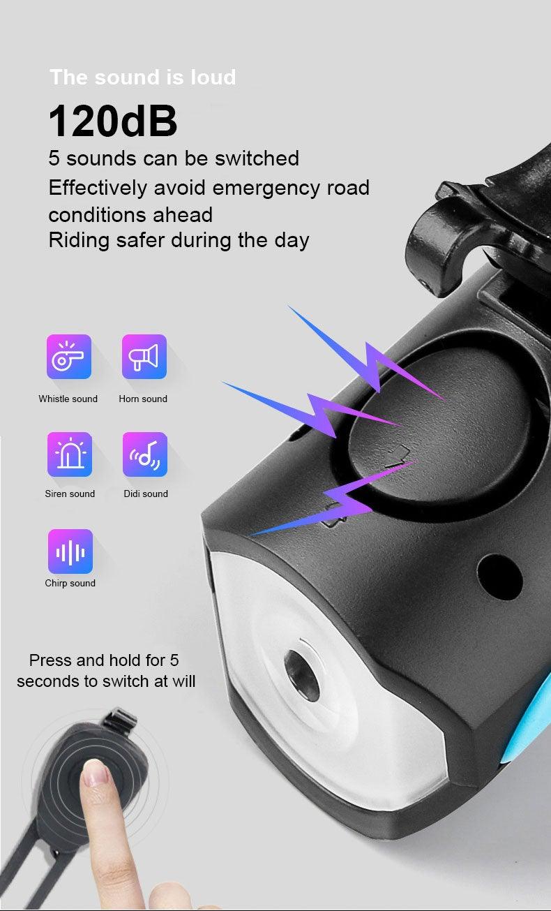 Waterproof LED Bicycle Headlight with 130dB Horn & Tail Light