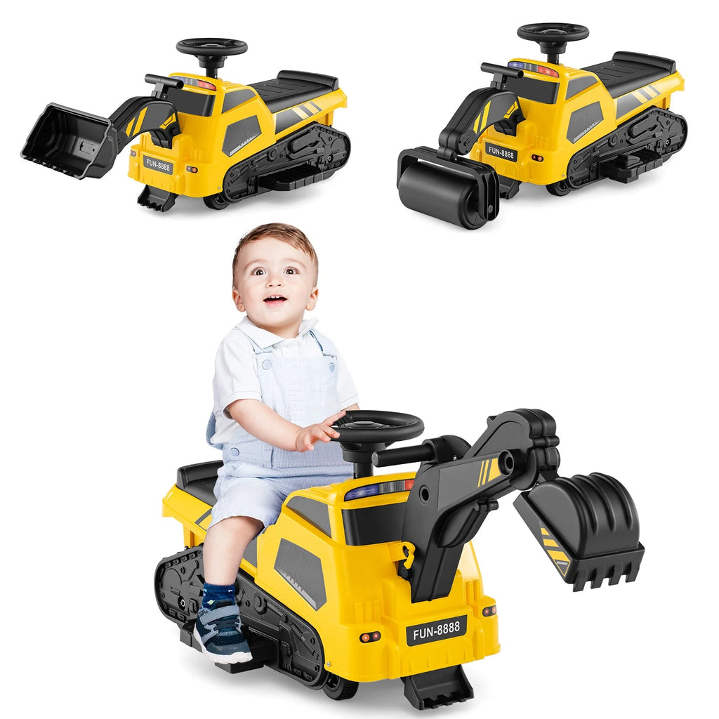 Kids 6V Ride on Tractor 3-in-1 Electric Excavator Adjustable Arms Music-Yellow