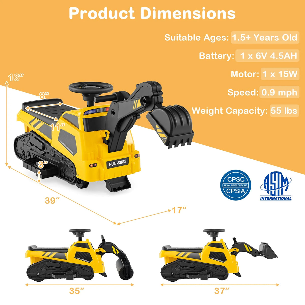Kids 6V Ride on Tractor 3-in-1 Electric Excavator Adjustable Arms Music-Yellow