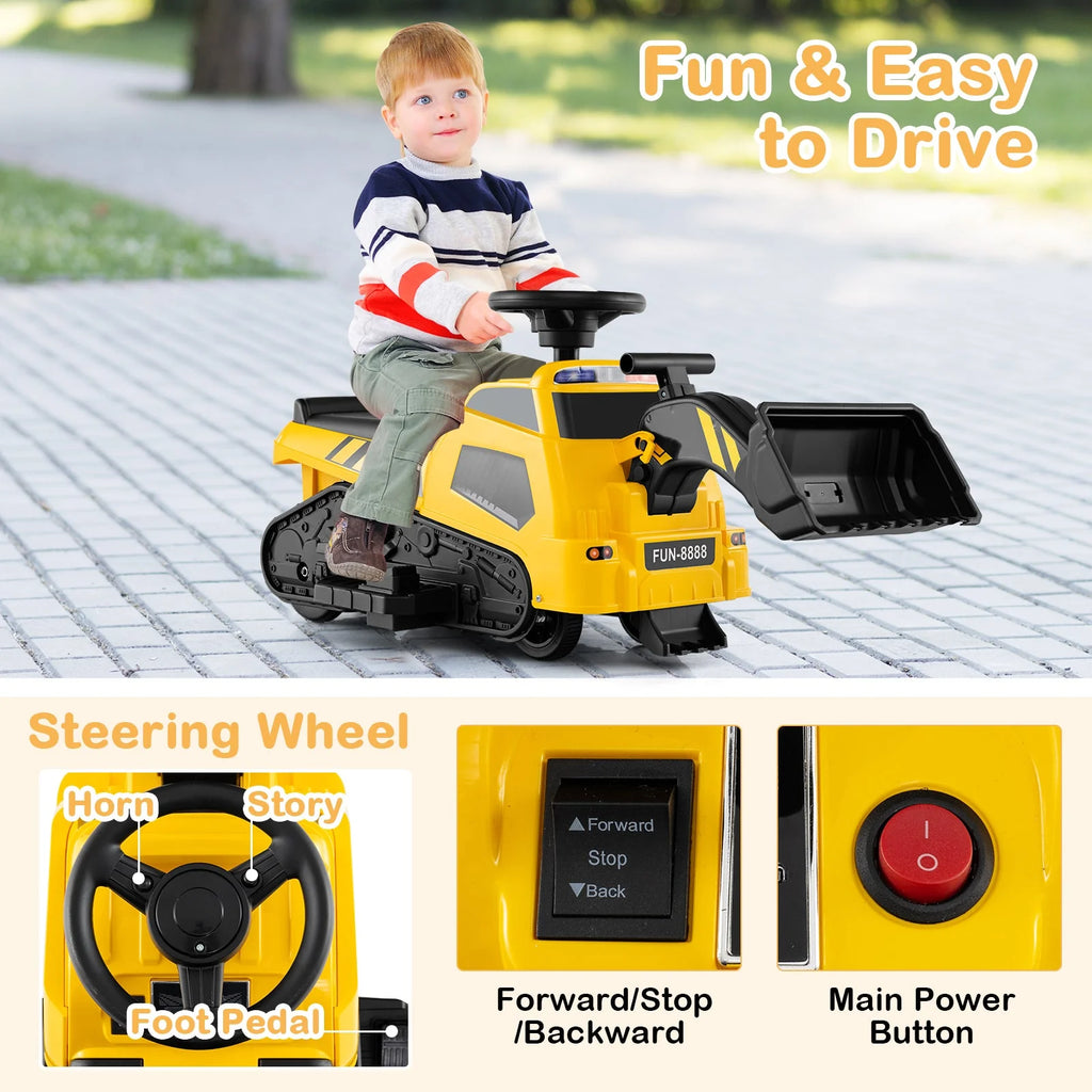 Kids 6V Ride on Tractor 3-in-1 Electric Excavator Adjustable Arms Music-Yellow