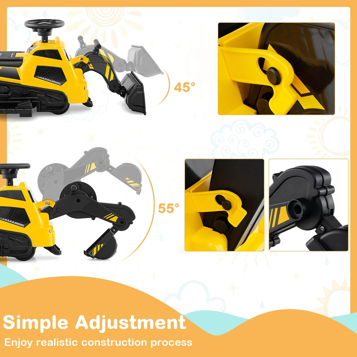 Kids 6V Ride on Tractor 3-in-1 Electric Excavator Adjustable Arms Music-Yellow
